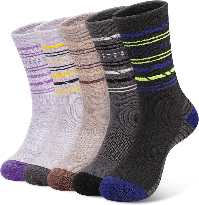 SEEKSOCK Store 5 Pairs Womens Merino Wool Hiking Socks Winter Warm Crew Moisture Wicking Thick Cushioned Striped Boot Socks - Image 1